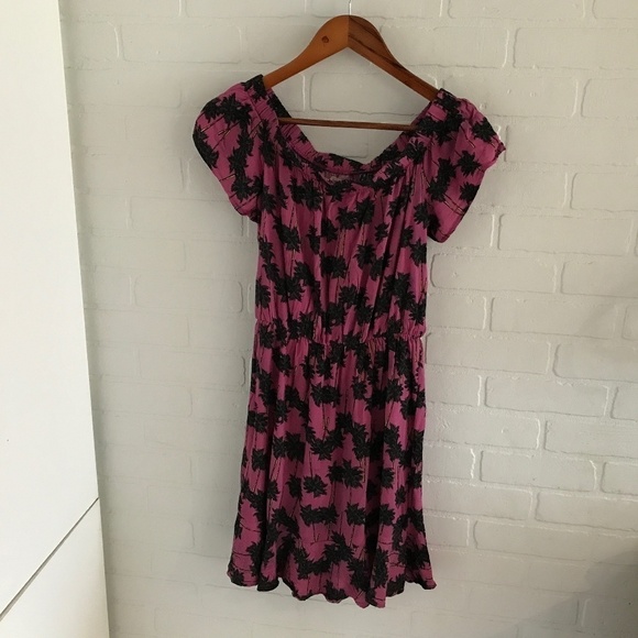 Printed Mini Dress Off-the-shoulders Tropical print palm trees Ruffle Flounce S - Picture 4 of 5